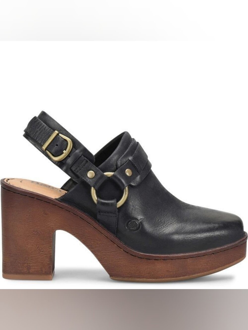 Born Hudson Black Leather Slingback Clog Square Toe Woodtone Platform Sz 7